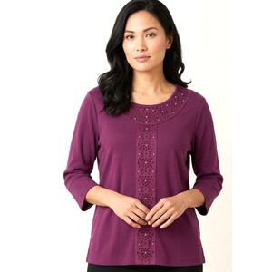 Alfred Dunner Berry 3/4 Sleeve Embellished Knit Tunic Top Medium Casual Comfort